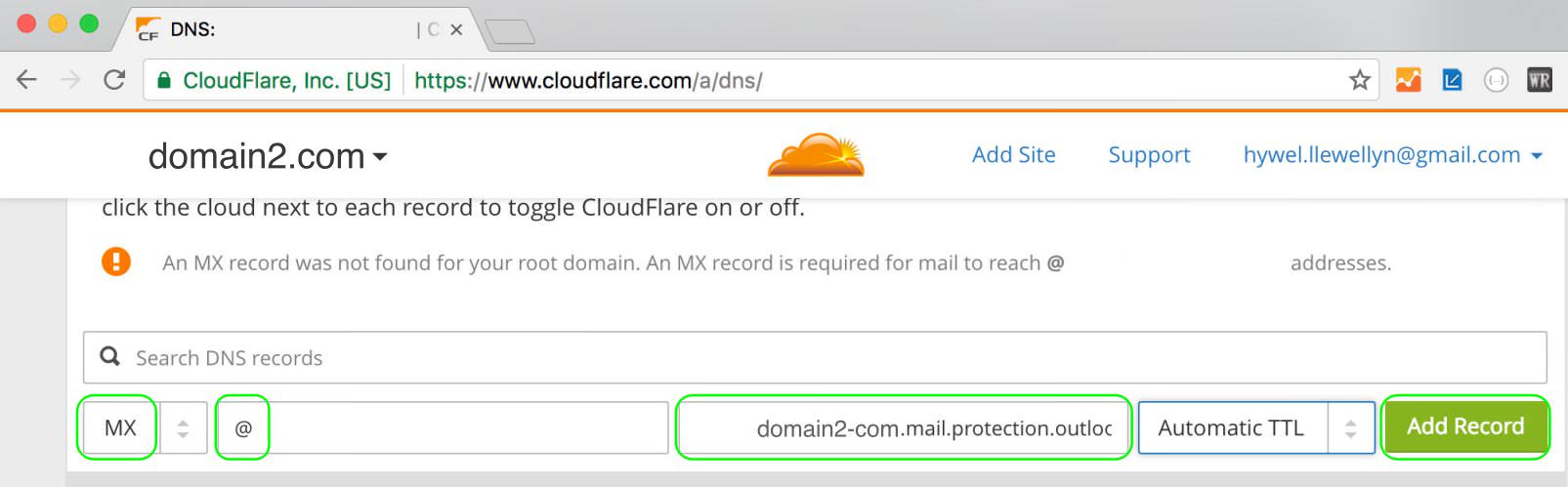 4.4 Click Add Record to add the MX record to CloudFlare
